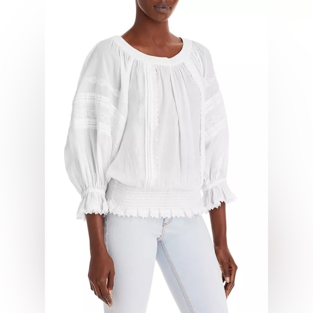 Ramy Brook Simone Embroidered Ivory Blouse Smocked Top XS